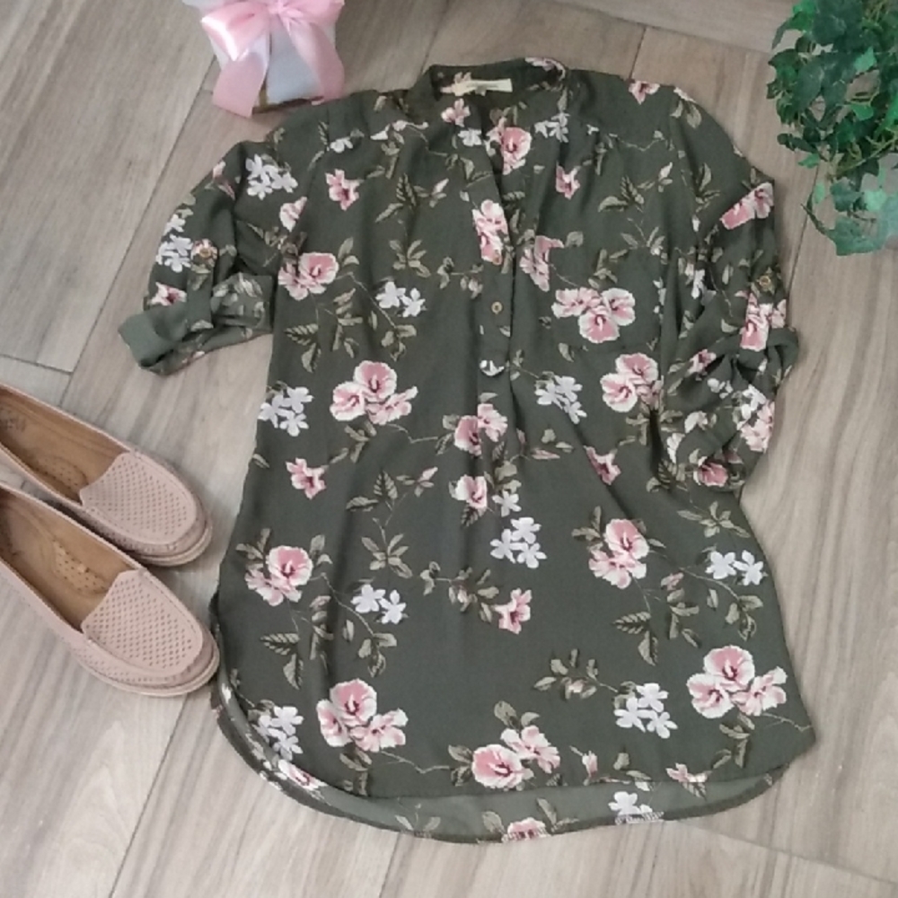 Wishful Park Olive Green Floral Blouse with Pink and White Flowers